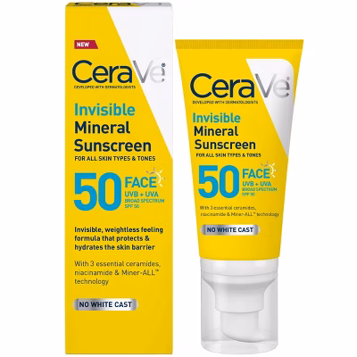 CeraVe Invisible Mineral Sunscreen SPF 50 Face (No White Cast) - 48 ml